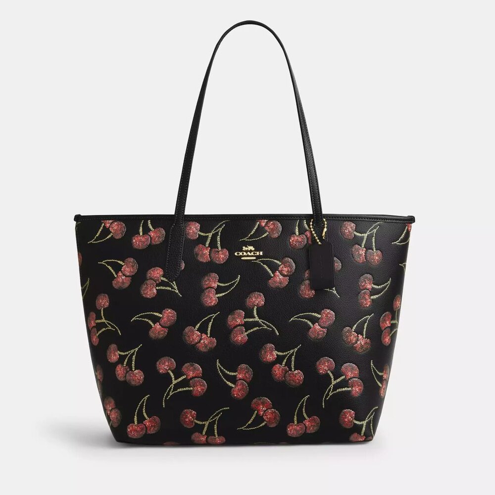 Coach CCZ18 City Tote Bag With Cherry Print In Leather Black Multi *SEALED*